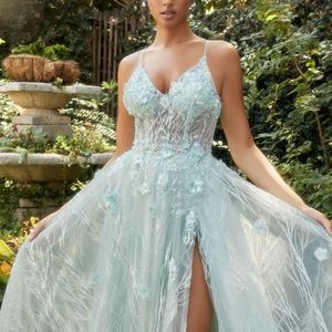 New long mint green long tulle sleeveless v neckline gown with floral appl…